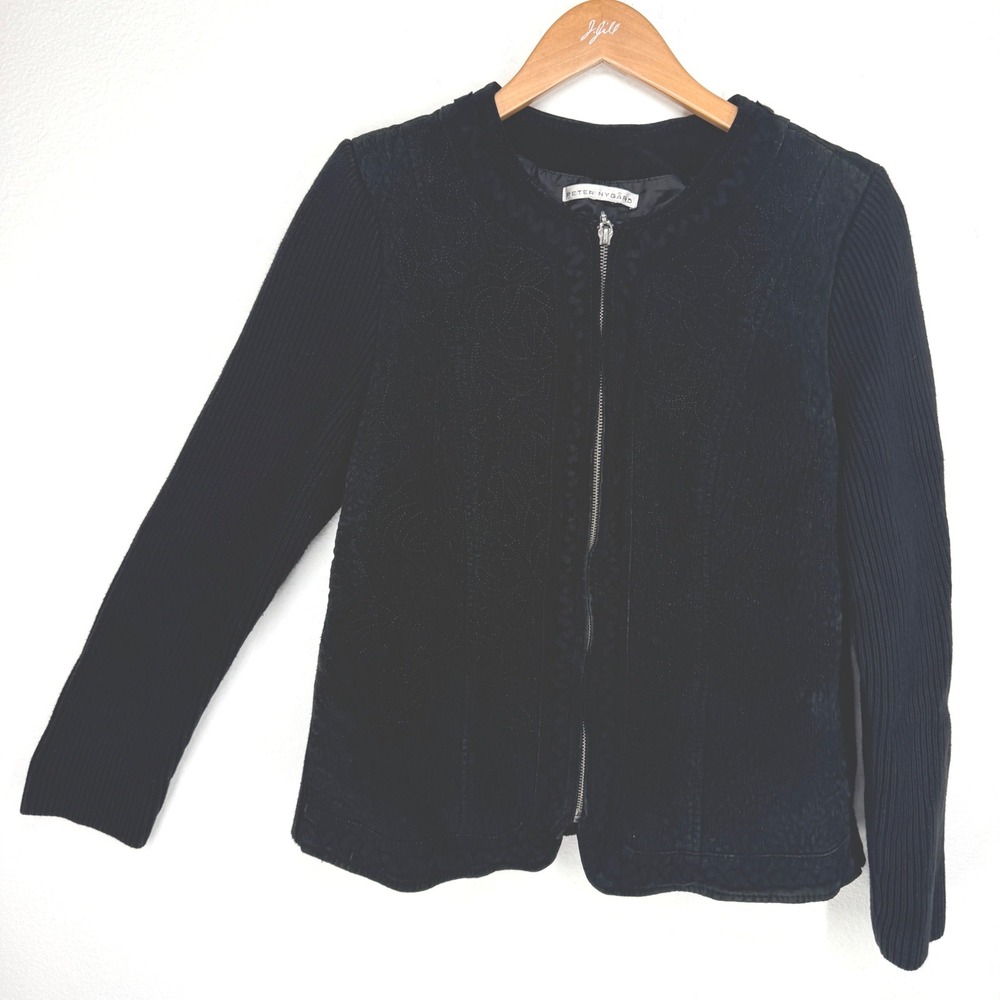 Vintage Boho Suede Mixed Media Zip Front Knit Jacket Embroidered Textured Luxury